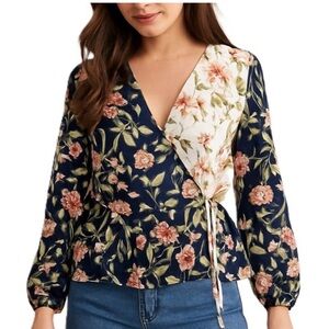 LOFT Floral Wrap Blouse - Navy and Cream